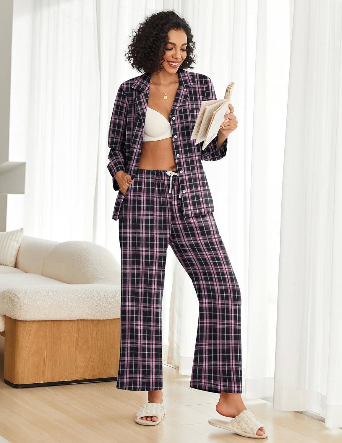 imageEkouaer Womens Pajama Sets 2 Piece Cotton Plaid Pjs Long Sleeve Sleepwear Button Down Lounge Set with PocketsPink Black Plaid