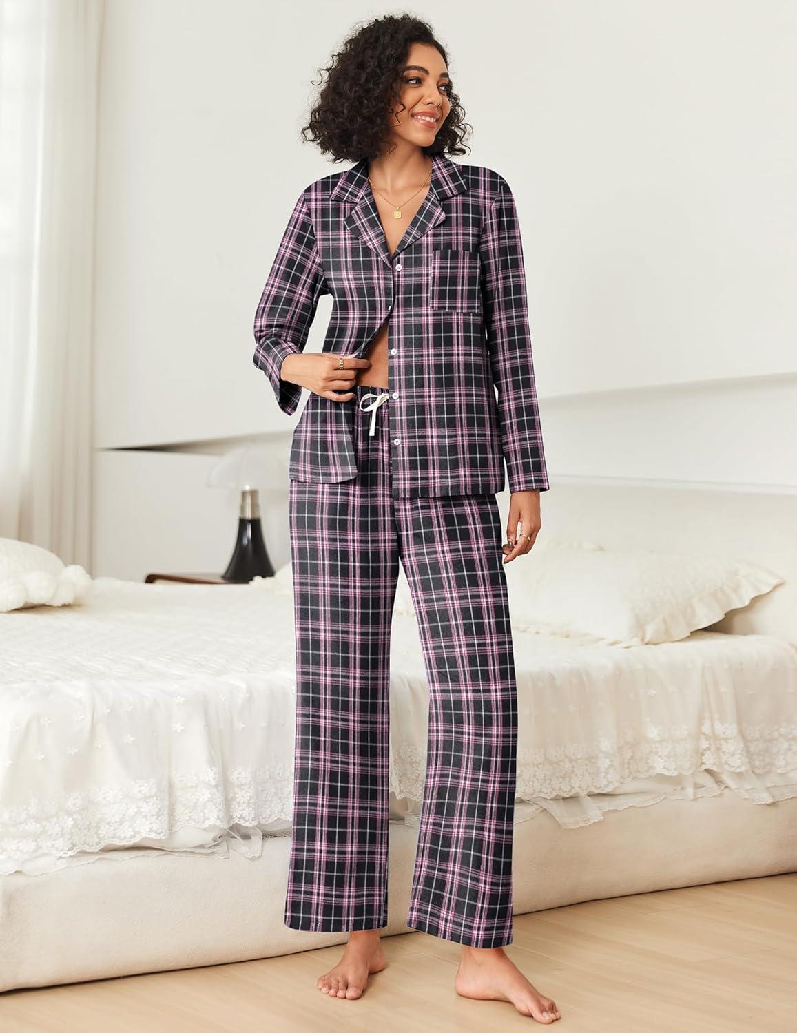 imageEkouaer Womens Pajama Sets 2 Piece Cotton Plaid Pjs Long Sleeve Sleepwear Button Down Lounge Set with PocketsPink Black Plaid
