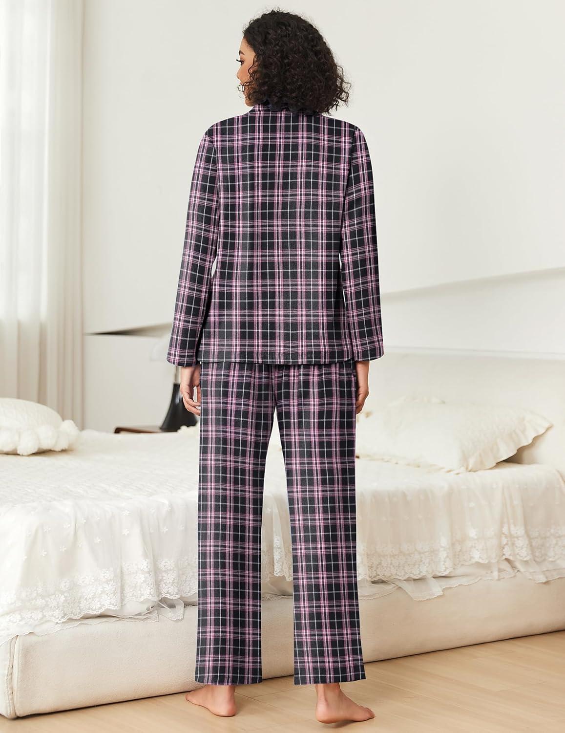 imageEkouaer Womens Pajama Sets 2 Piece Cotton Plaid Pjs Long Sleeve Sleepwear Button Down Lounge Set with PocketsPink Black Plaid
