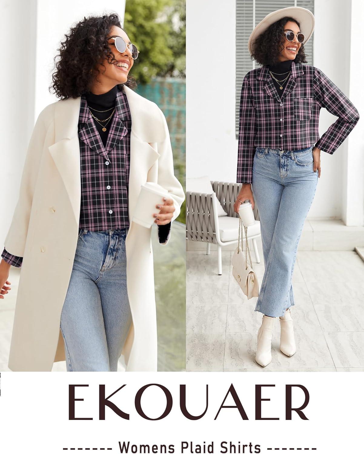 imageEkouaer Womens Pajama Sets 2 Piece Cotton Plaid Pjs Long Sleeve Sleepwear Button Down Lounge Set with PocketsPink Black Plaid