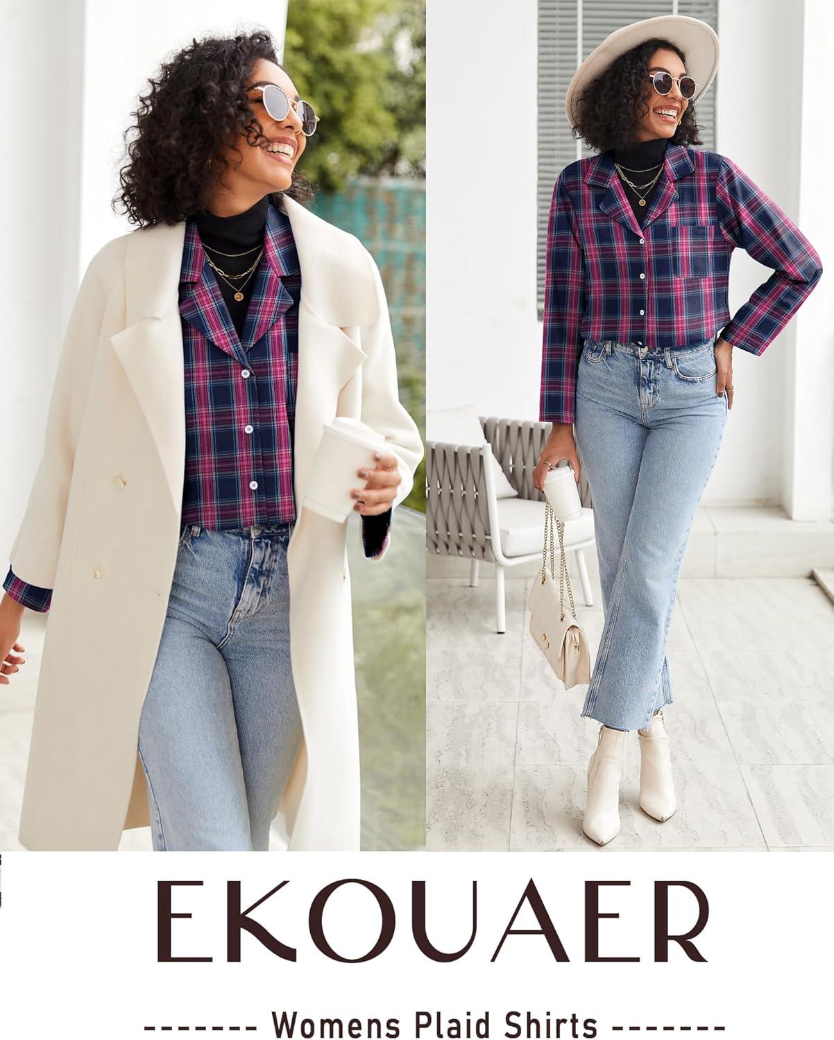 imageEkouaer Womens Pajama Sets 2 Piece Cotton Plaid Pjs Long Sleeve Sleepwear Button Down Lounge Set with PocketsPink Blue Plaid