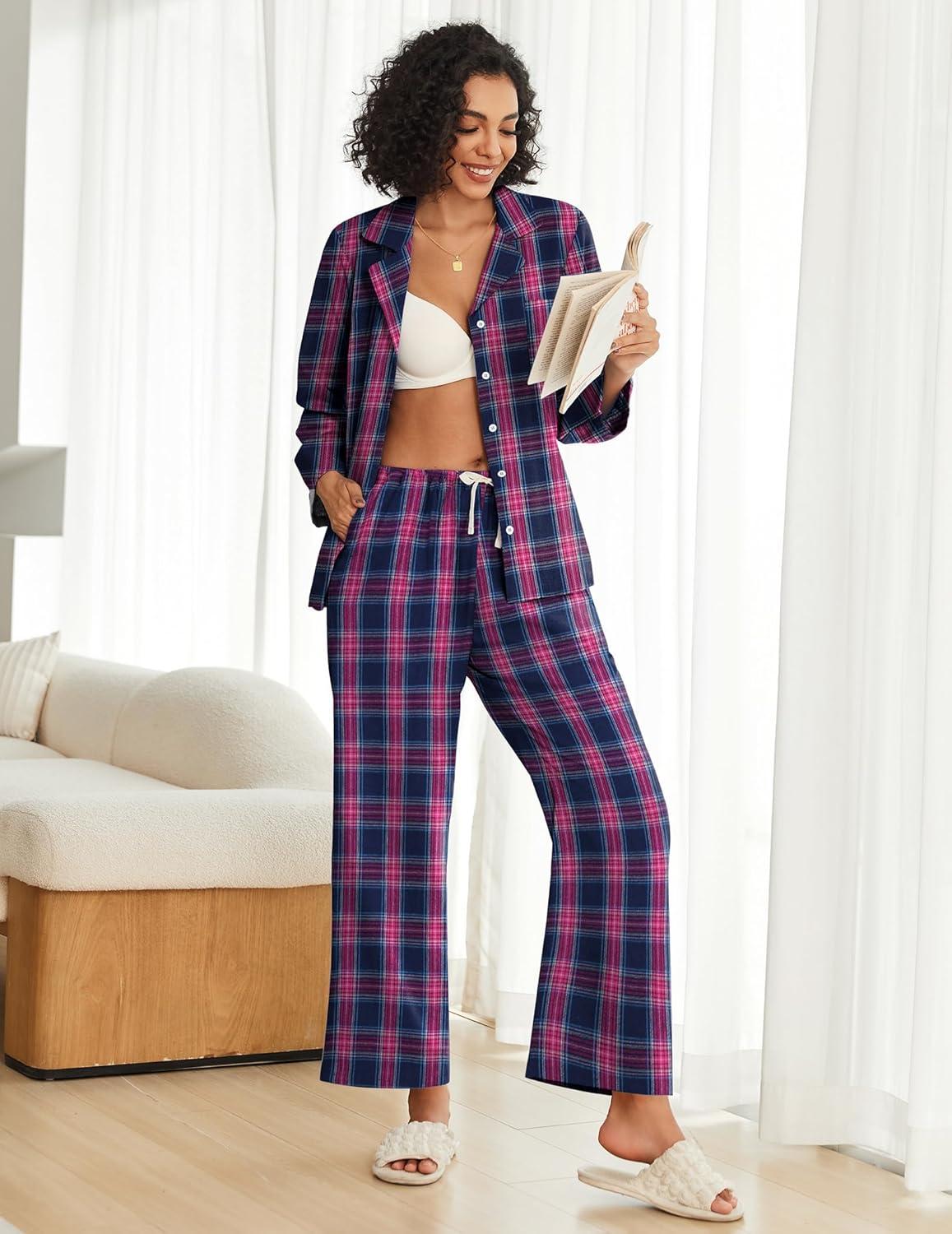 imageEkouaer Womens Pajama Sets 2 Piece Cotton Plaid Pjs Long Sleeve Sleepwear Button Down Lounge Set with PocketsPink Blue Plaid