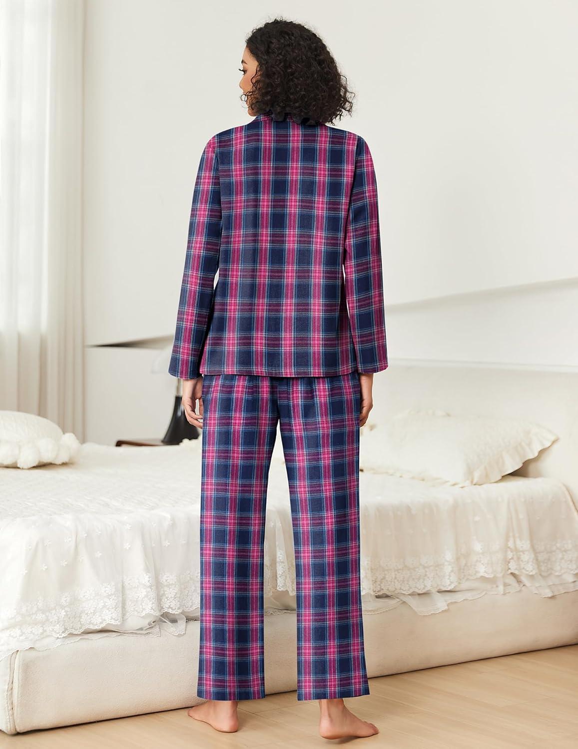 imageEkouaer Womens Pajama Sets 2 Piece Cotton Plaid Pjs Long Sleeve Sleepwear Button Down Lounge Set with PocketsPink Blue Plaid