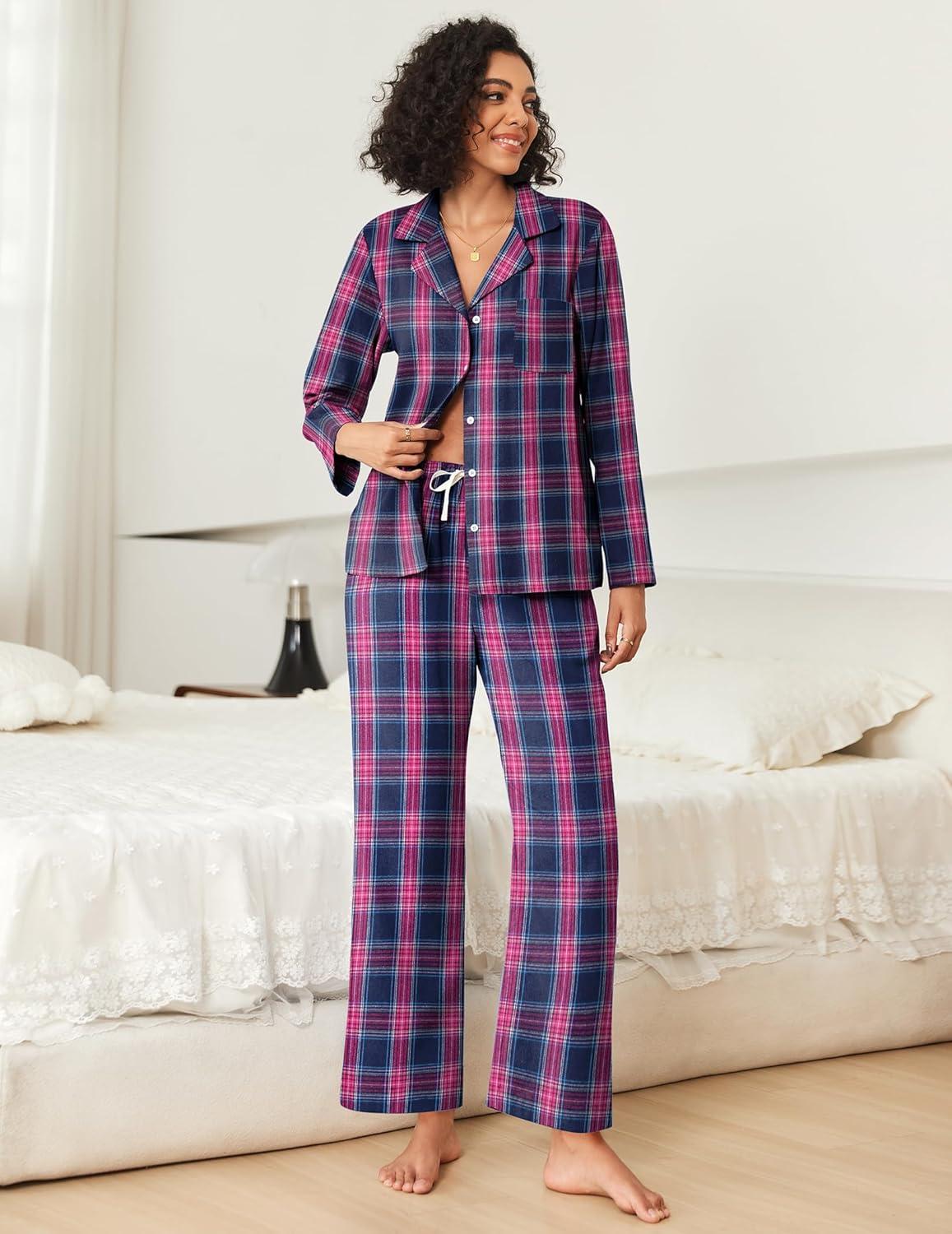 imageEkouaer Womens Pajama Sets 2 Piece Cotton Plaid Pjs Long Sleeve Sleepwear Button Down Lounge Set with PocketsPink Blue Plaid