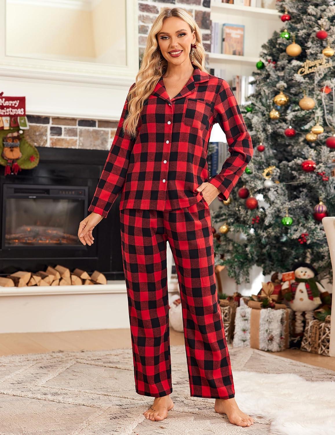imageEkouaer Womens Pajama Sets 2 Piece Cotton Plaid Pjs Long Sleeve Sleepwear Button Down Lounge Set with PocketsPlaidbig Red Black