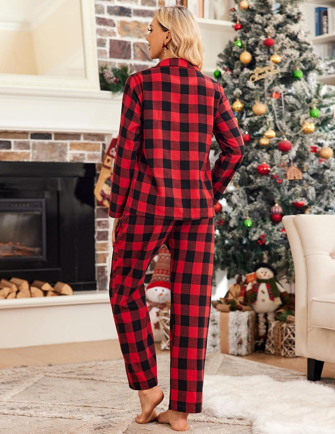 imageEkouaer Womens Pajama Sets 2 Piece Cotton Plaid Pjs Long Sleeve Sleepwear Button Down Lounge Set with PocketsPlaidbig Red Black