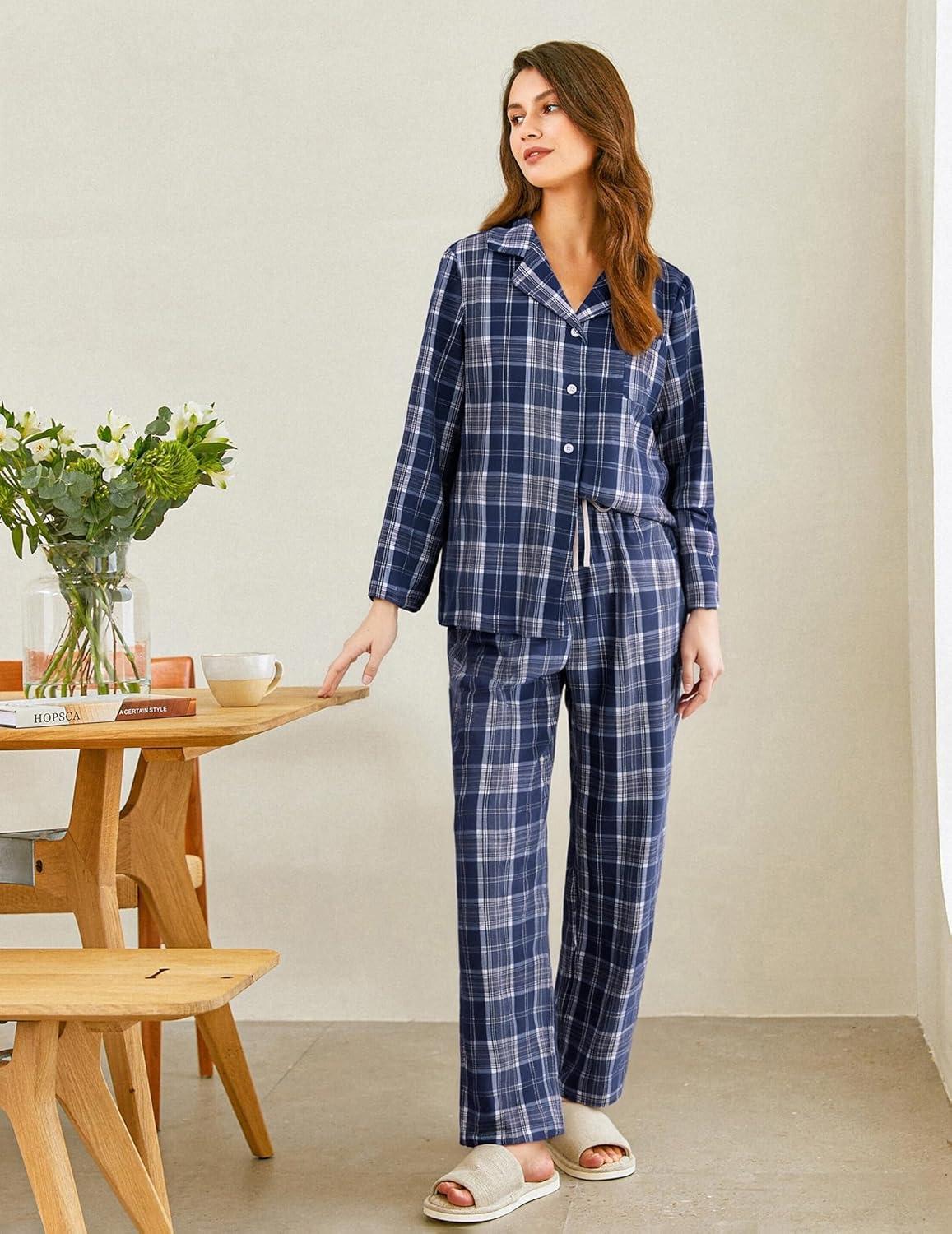 imageEkouaer Womens Pajama Sets 2 Piece Cotton Plaid Pjs Long Sleeve Sleepwear Button Down Lounge Set with PocketsPlaidblue