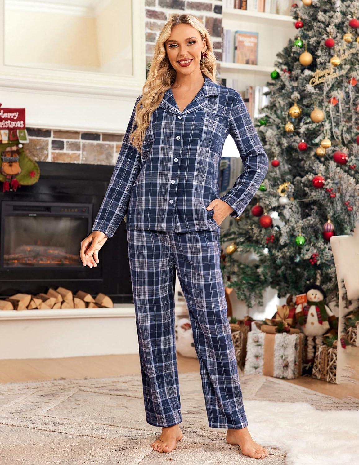 imageEkouaer Womens Pajama Sets 2 Piece Cotton Plaid Pjs Long Sleeve Sleepwear Button Down Lounge Set with PocketsPlaidblue