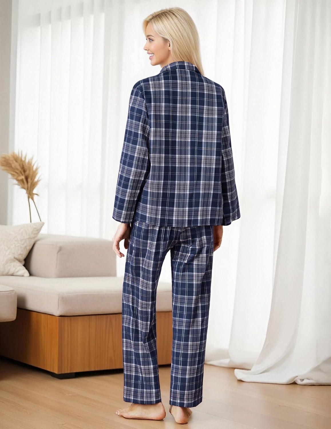 imageEkouaer Womens Pajama Sets 2 Piece Cotton Plaid Pjs Long Sleeve Sleepwear Button Down Lounge Set with PocketsPlaidblue