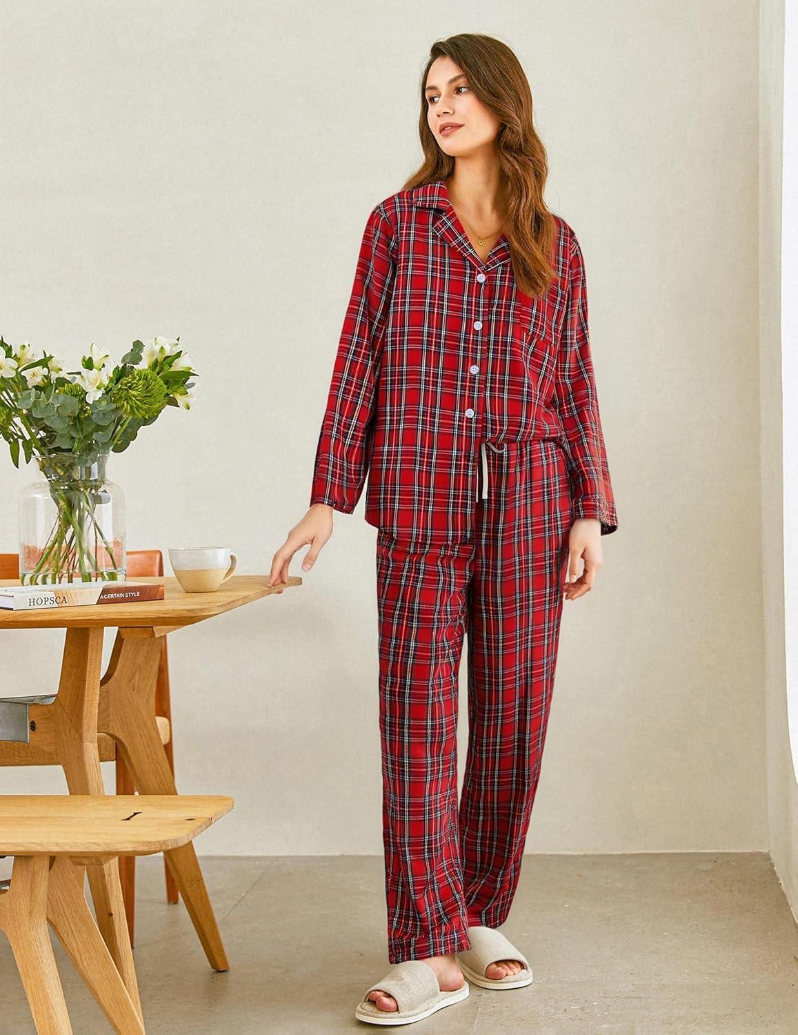 imageEkouaer Womens Pajama Sets 2 Piece Cotton Plaid Pjs Long Sleeve Sleepwear Button Down Lounge Set with PocketsPlaidred Green