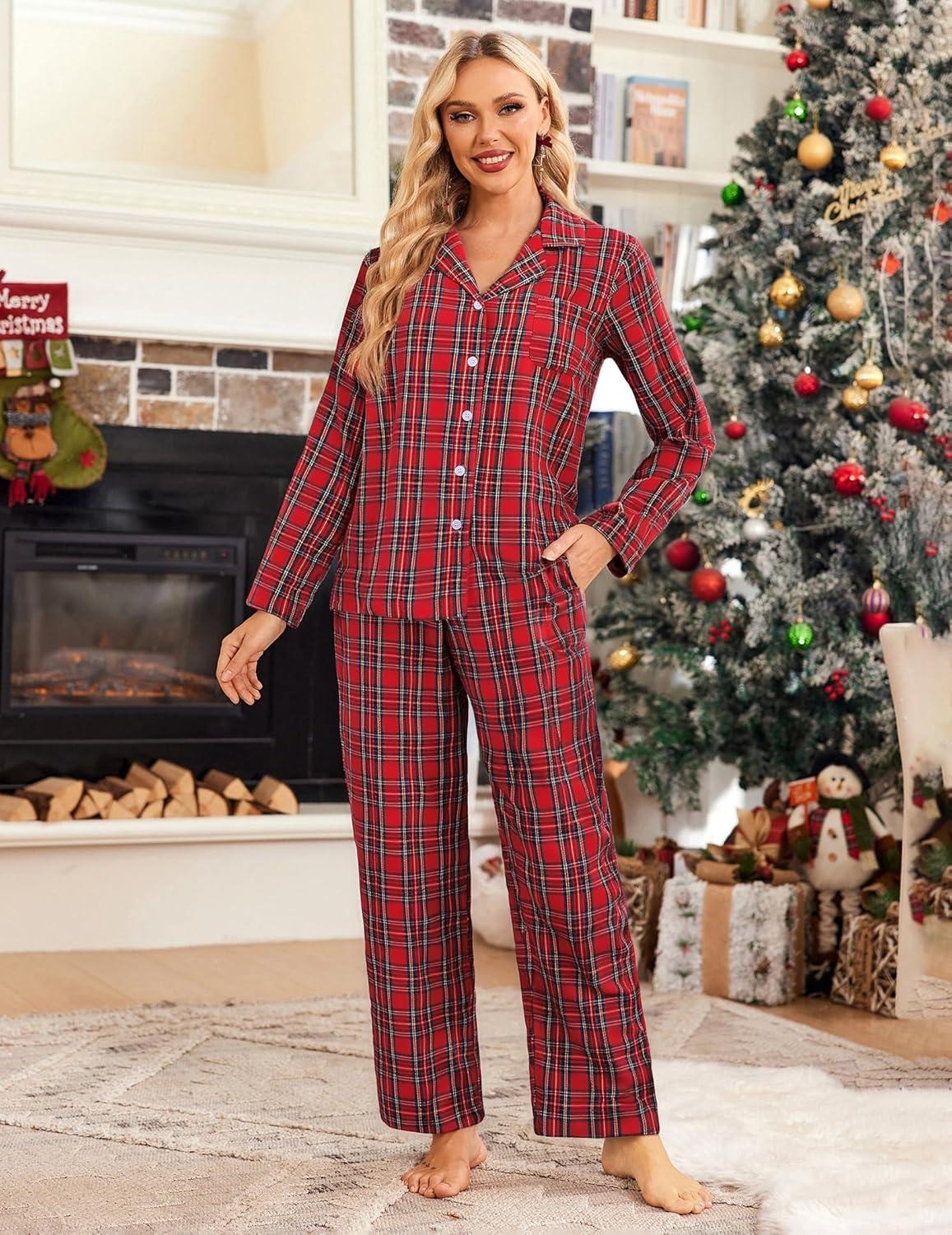 imageEkouaer Womens Pajama Sets 2 Piece Cotton Plaid Pjs Long Sleeve Sleepwear Button Down Lounge Set with PocketsPlaidred Green