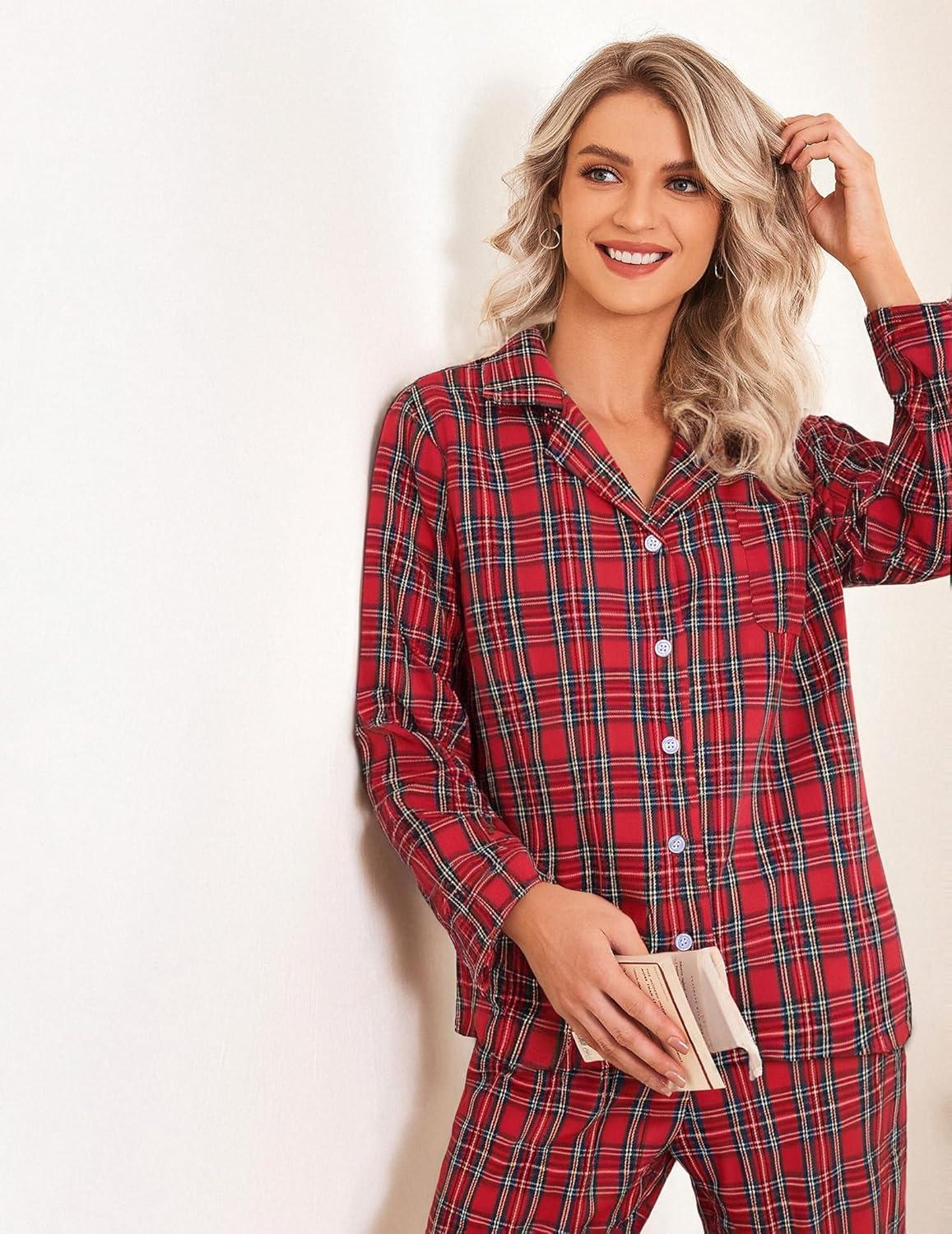 imageEkouaer Womens Pajama Sets 2 Piece Cotton Plaid Pjs Long Sleeve Sleepwear Button Down Lounge Set with PocketsPlaidred Green