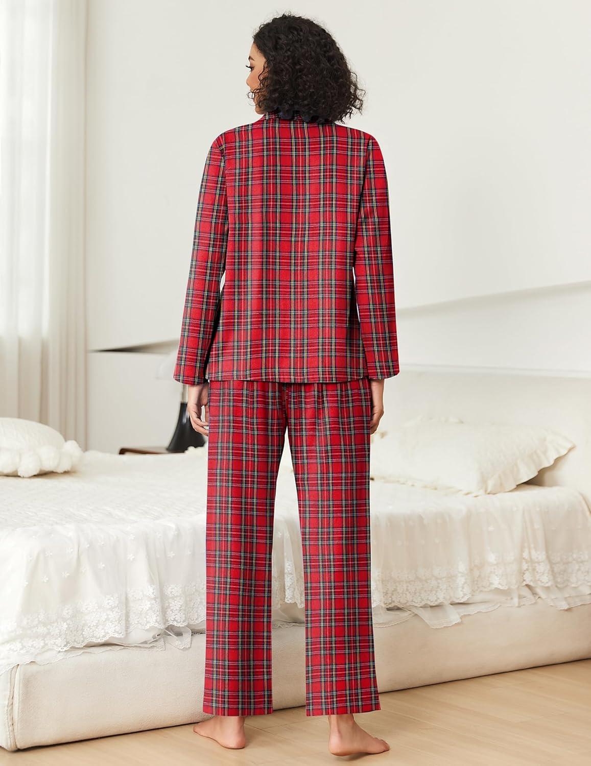 imageEkouaer Womens Pajama Sets 2 Piece Cotton Plaid Pjs Long Sleeve Sleepwear Button Down Lounge Set with PocketsRed Blue Green Plaid