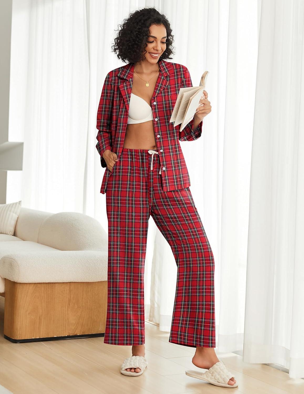 imageEkouaer Womens Pajama Sets 2 Piece Cotton Plaid Pjs Long Sleeve Sleepwear Button Down Lounge Set with PocketsRed Blue Green Plaid