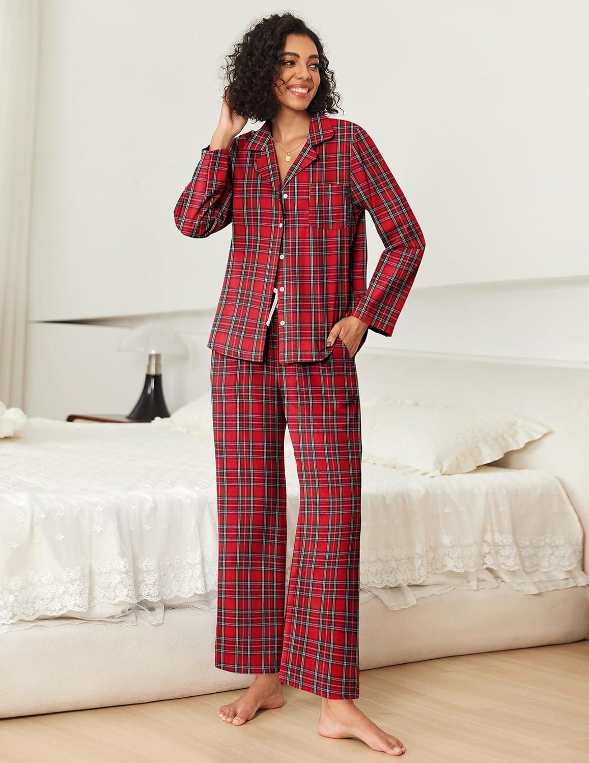 imageEkouaer Womens Pajama Sets 2 Piece Cotton Plaid Pjs Long Sleeve Sleepwear Button Down Lounge Set with PocketsRed Blue Green Plaid
