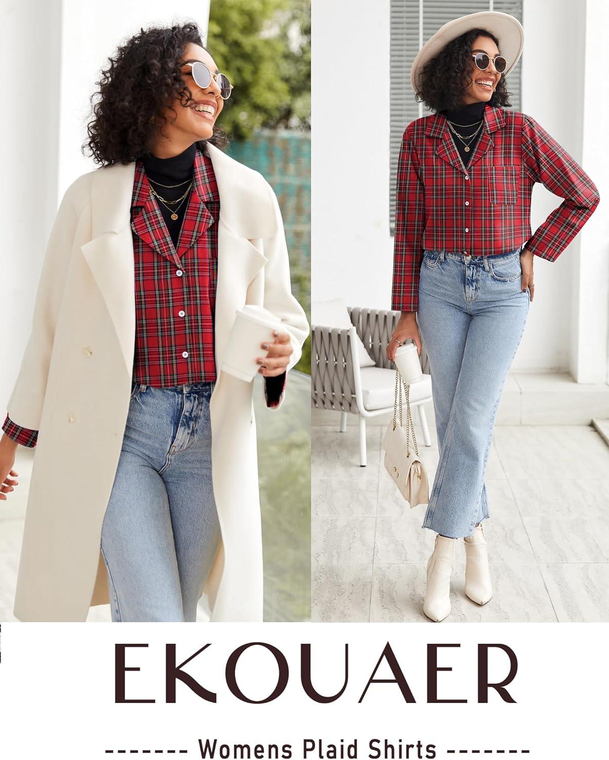 imageEkouaer Womens Pajama Sets 2 Piece Cotton Plaid Pjs Long Sleeve Sleepwear Button Down Lounge Set with PocketsRed Blue Green Plaid
