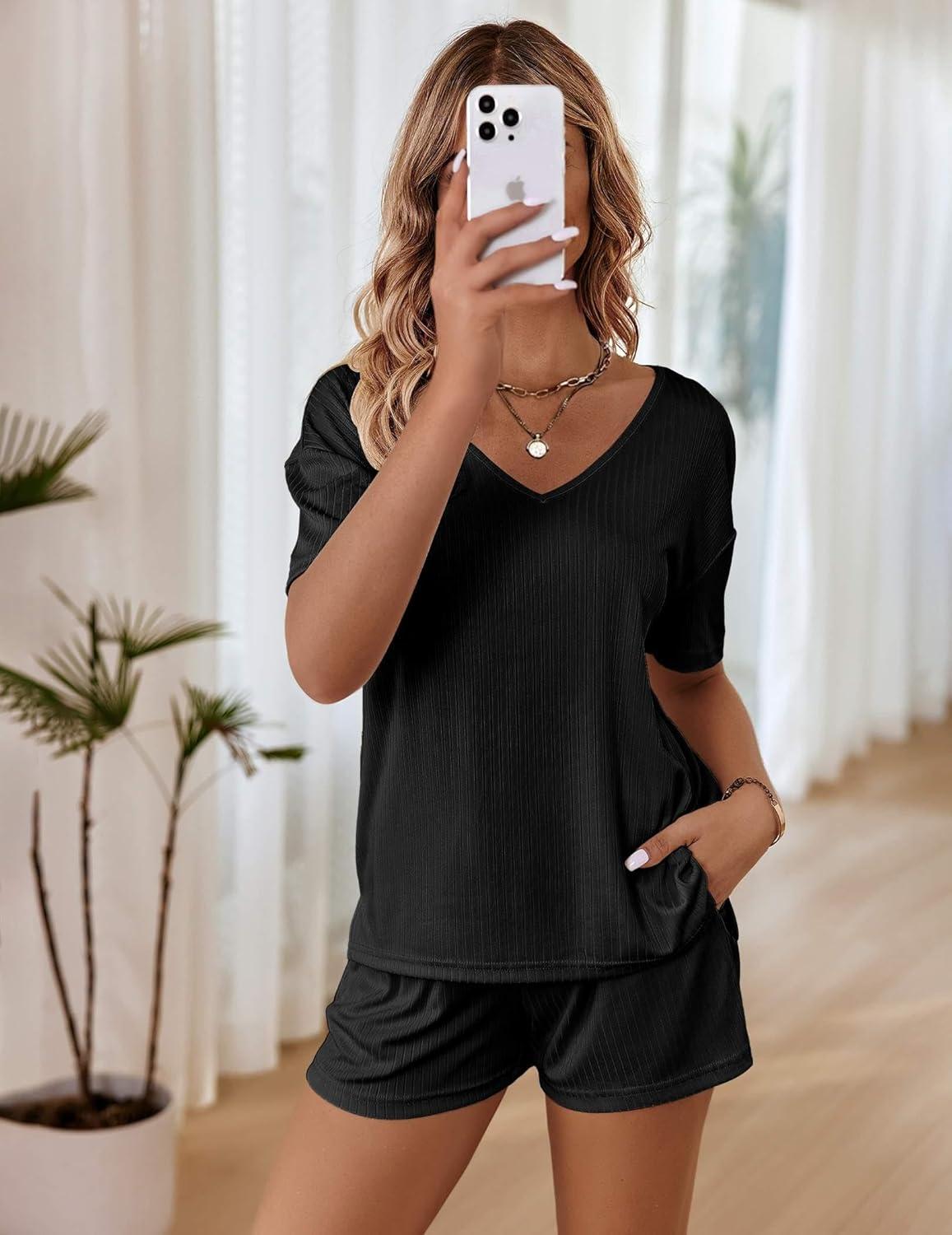 imageEkouaer Womens Ribbed Knit Lounge Set Short Sleeve Top and Shorts Sleepwear Pajama Set Two Piece Shorts Outfits SetBlack