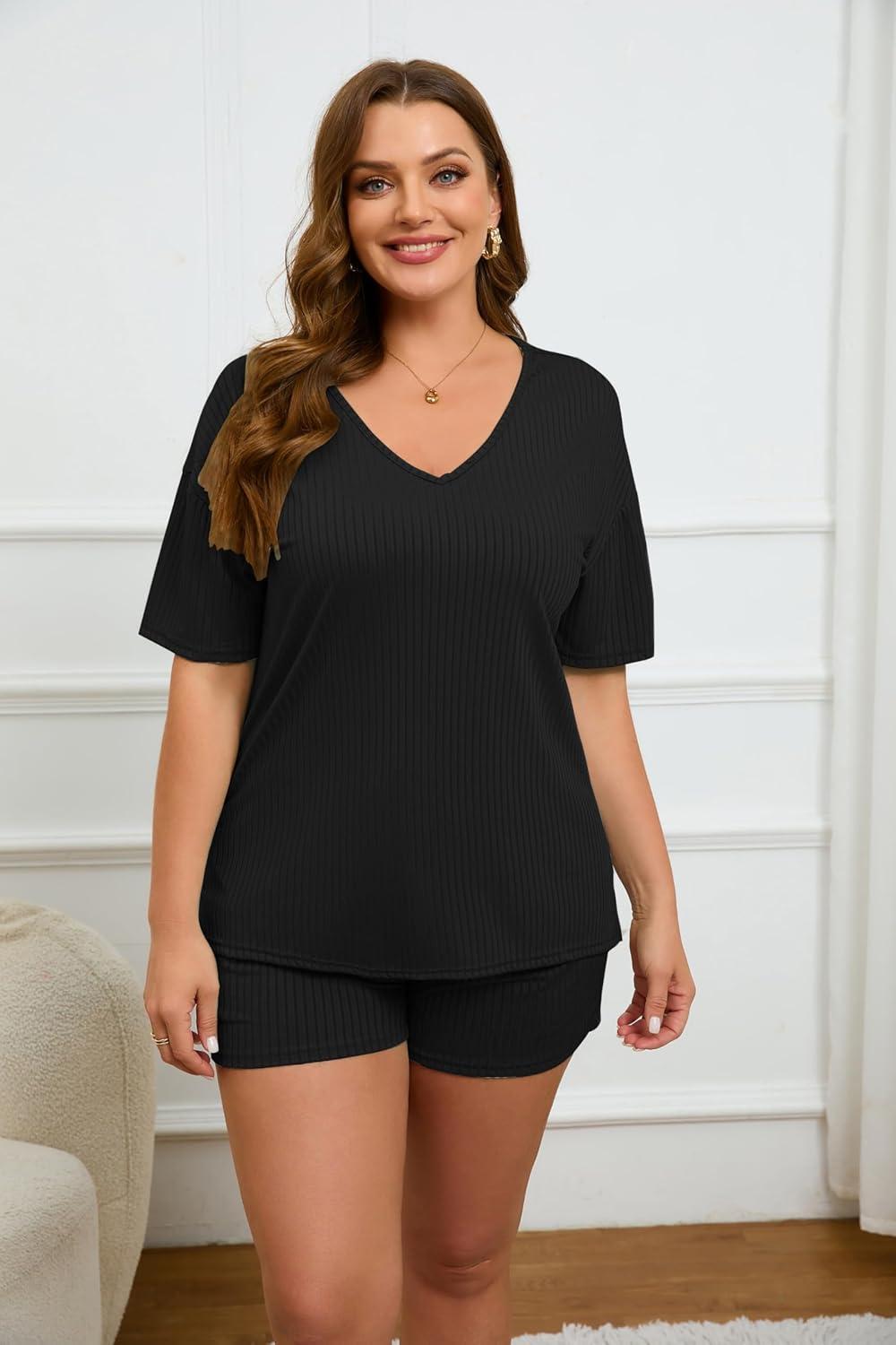 imageEkouaer Womens Ribbed Knit Lounge Set Short Sleeve Top and Shorts Sleepwear Pajama Set Two Piece Shorts Outfits SetBlack