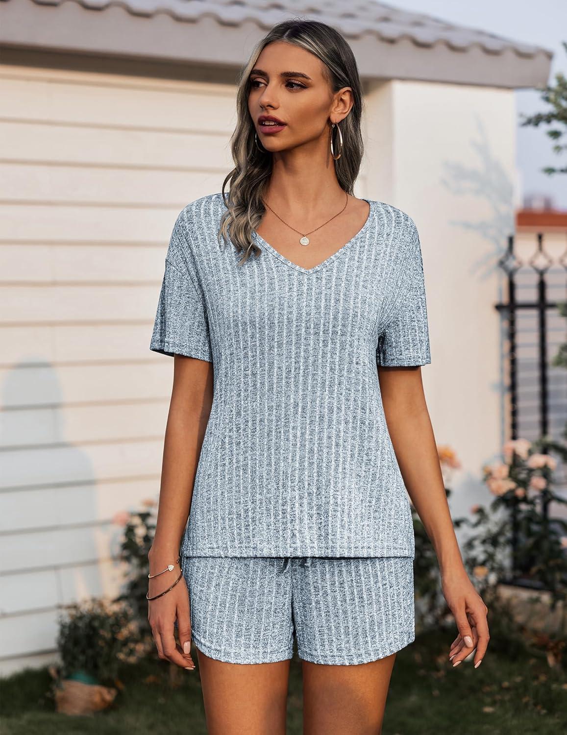 imageEkouaer Womens Ribbed Knit Lounge Set Short Sleeve Top and Shorts Sleepwear Pajama Set Two Piece Shorts Outfits SetBlue