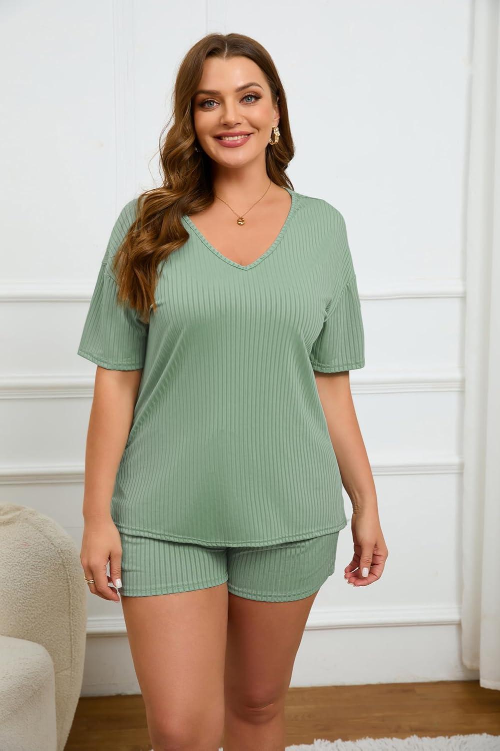 imageEkouaer Womens Ribbed Knit Lounge Set Short Sleeve Top and Shorts Sleepwear Pajama Set Two Piece Shorts Outfits SetGreen