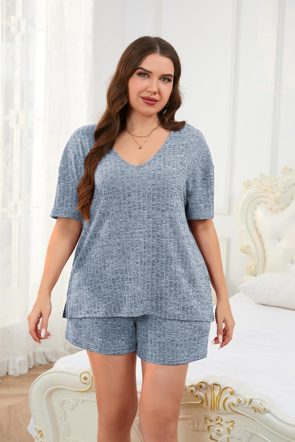 imageEkouaer Womens Ribbed Knit Lounge Set Short Sleeve Top and Shorts Sleepwear Pajama Set Two Piece Shorts Outfits SetLake Blue