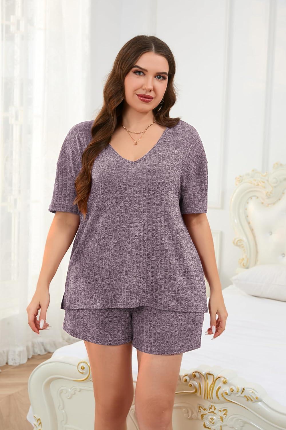 imageEkouaer Womens Ribbed Knit Lounge Set Short Sleeve Top and Shorts Sleepwear Pajama Set Two Piece Shorts Outfits SetPurple
