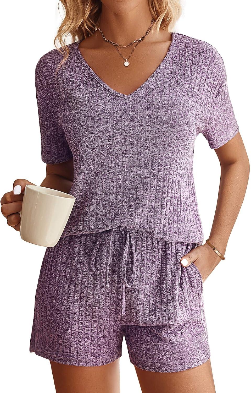 imageEkouaer Womens Ribbed Knit Lounge Set Short Sleeve Top and Shorts Sleepwear Pajama Set Two Piece Shorts Outfits SetPurple