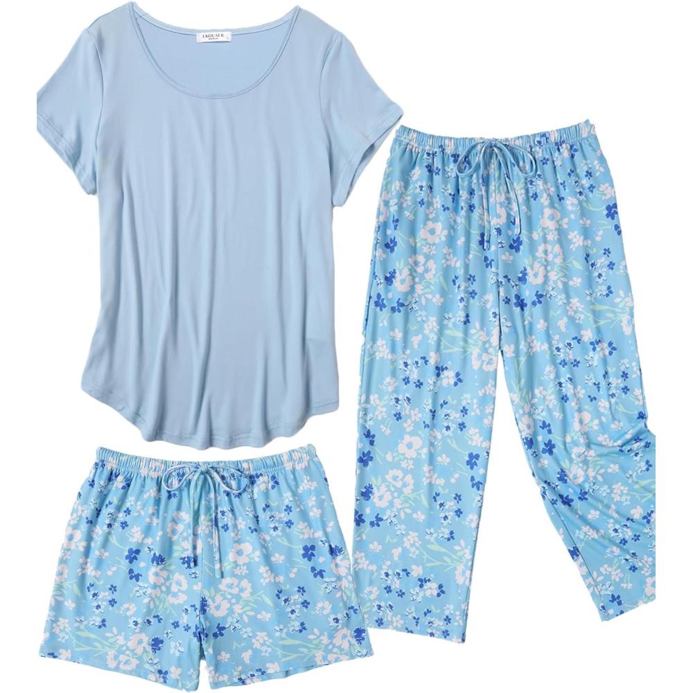 imageEkouaer 3 PCS Capri Pajamas for Women Set Short Sleeve Pajama Sets Floral Pj Sets Soft Sleepwear with PocketsBlue Flowers
