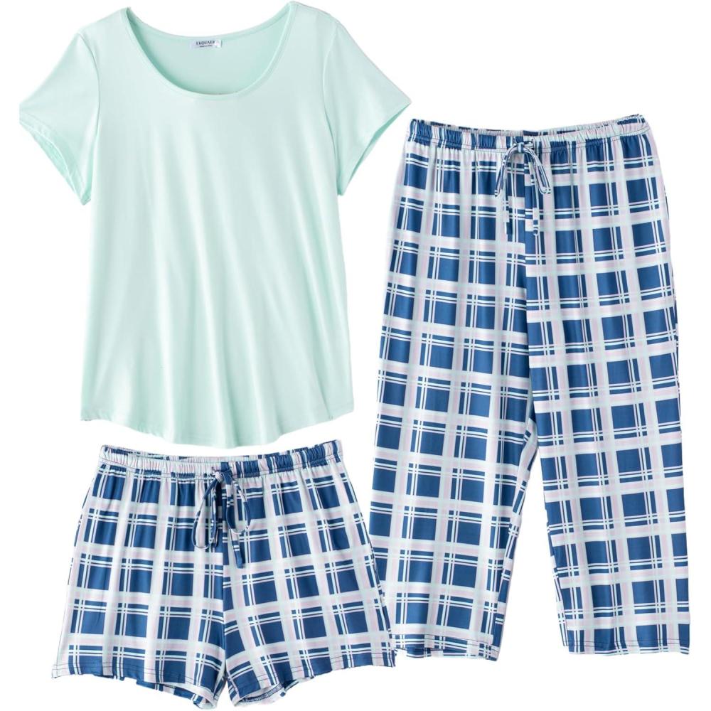 imageEkouaer 3 PCS Capri Pajamas for Women Set Short Sleeve Pajama Sets Floral Pj Sets Soft Sleepwear with PocketsLight Green Plaid