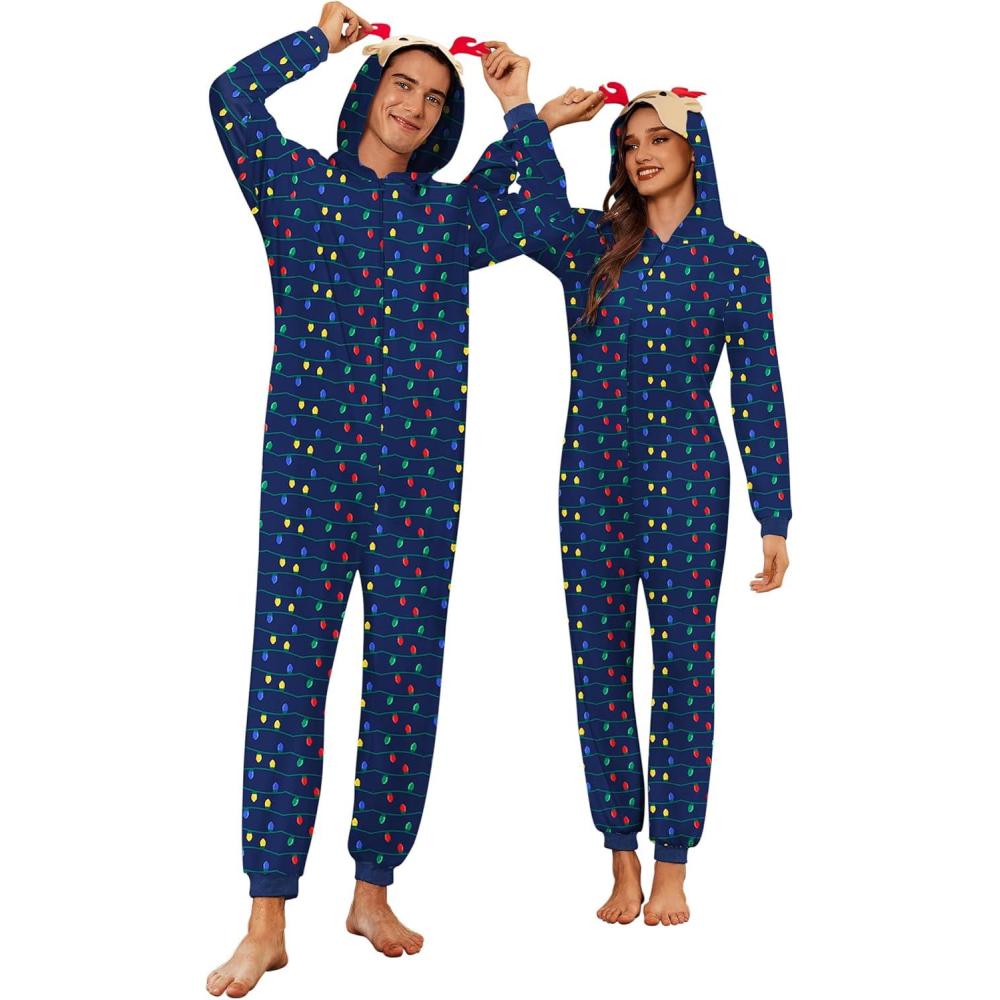 imageEkouaer Christmas Matching Onesie for Couples Elk Antler Hooded Zipper Long Sleeve Pajamas with Pockets SXXLBlue Light Bar