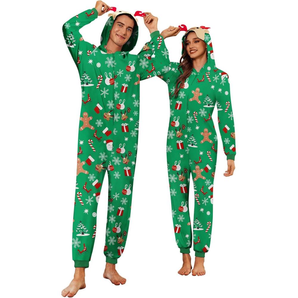 imageEkouaer Christmas Matching Onesie for Couples Elk Antler Hooded Zipper Long Sleeve Pajamas with Pockets SXXLChristmas Gift Green