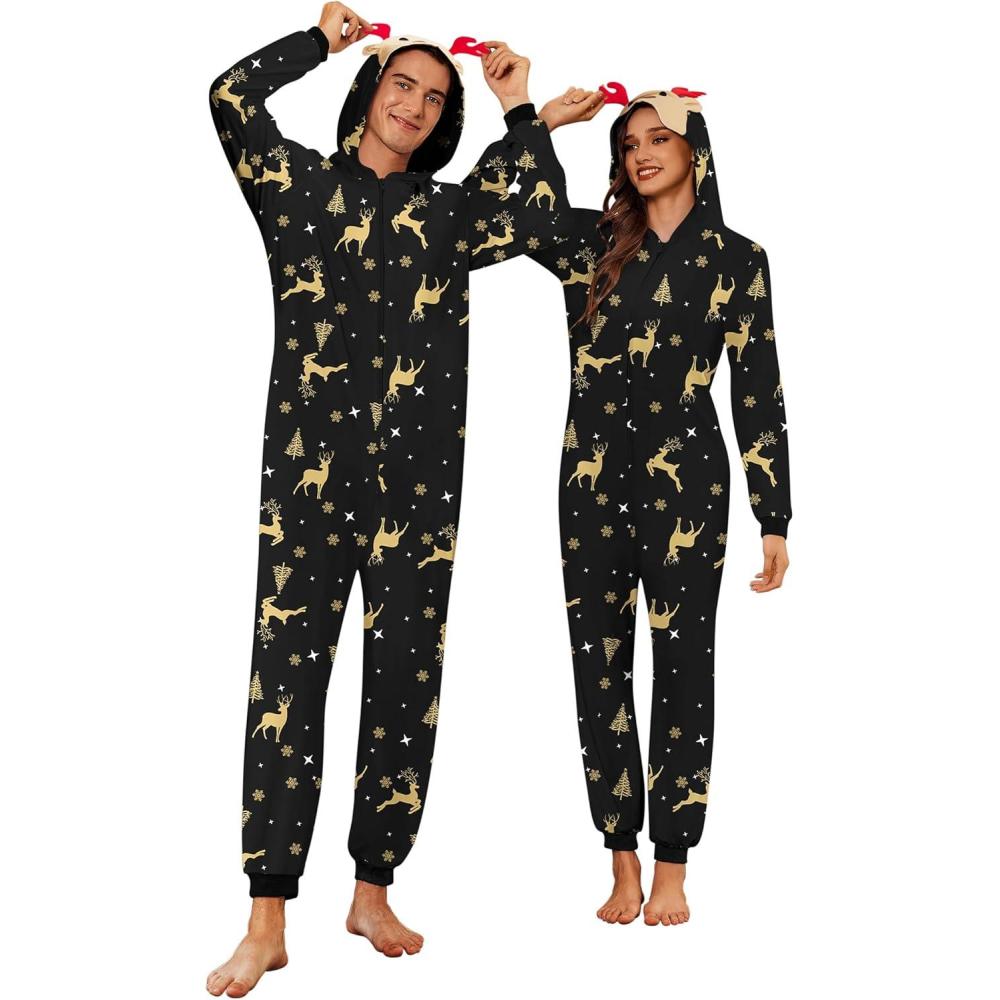 imageEkouaer Christmas Matching Onesie for Couples Elk Antler Hooded Zipper Long Sleeve Pajamas with Pockets SXXLGolden Elk