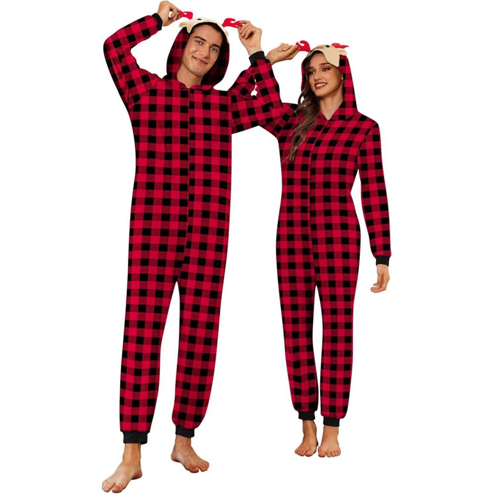 imageEkouaer Christmas Matching Onesie for Couples Elk Antler Hooded Zipper Long Sleeve Pajamas with Pockets SXXLRed Plaid