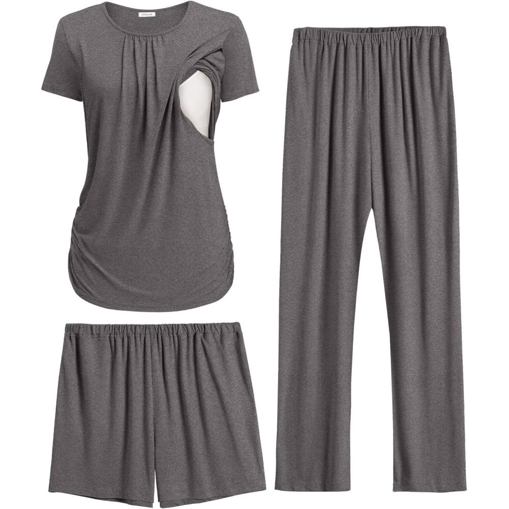 imageEkouaer Maternity Nursing Pajamas Set 3 Piece Postpartum Lounge Breastfeeding Pjs Pregnancy Shorts amp Pants SXXLDark Gray