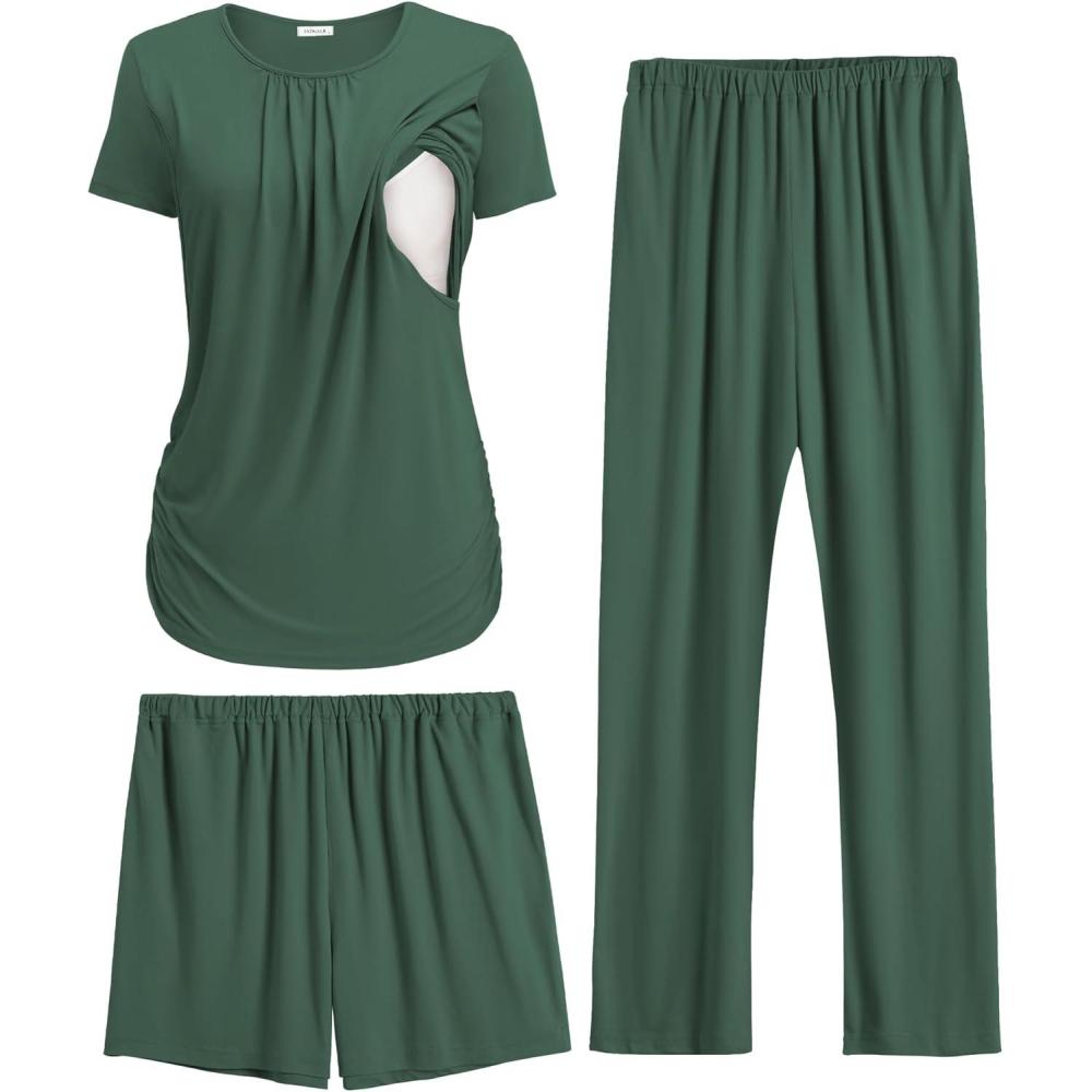 imageEkouaer Maternity Nursing Pajamas Set 3 Piece Postpartum Lounge Breastfeeding Pjs Pregnancy Shorts amp Pants SXXLDark Green