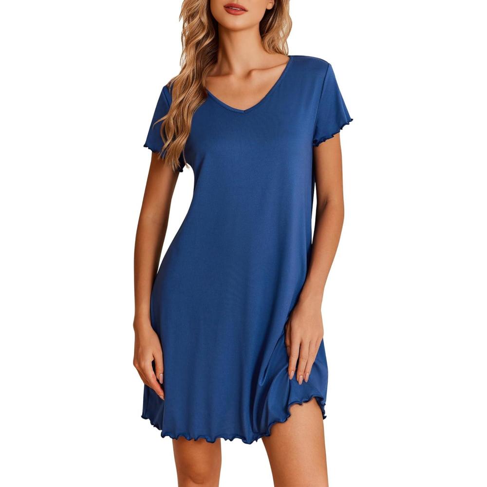 imageEkouaer Nightgowns for Women Short Sleeve Sleepshirt V Neck Short Nightshirt Pullover Soft Ruffled Sleepwear SXXXLBlue