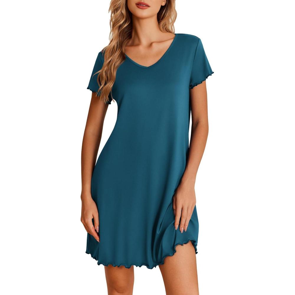 imageEkouaer Nightgowns for Women Short Sleeve Sleepshirt V Neck Short Nightshirt Pullover Soft Ruffled Sleepwear SXXXLBlue Green
