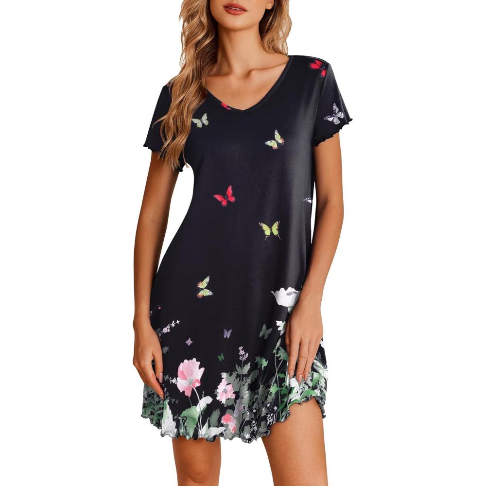 imageEkouaer Nightgowns for Women Short Sleeve Sleepshirt V Neck Short Nightshirt Pullover Soft Ruffled Sleepwear SXXXLButterfly Flower