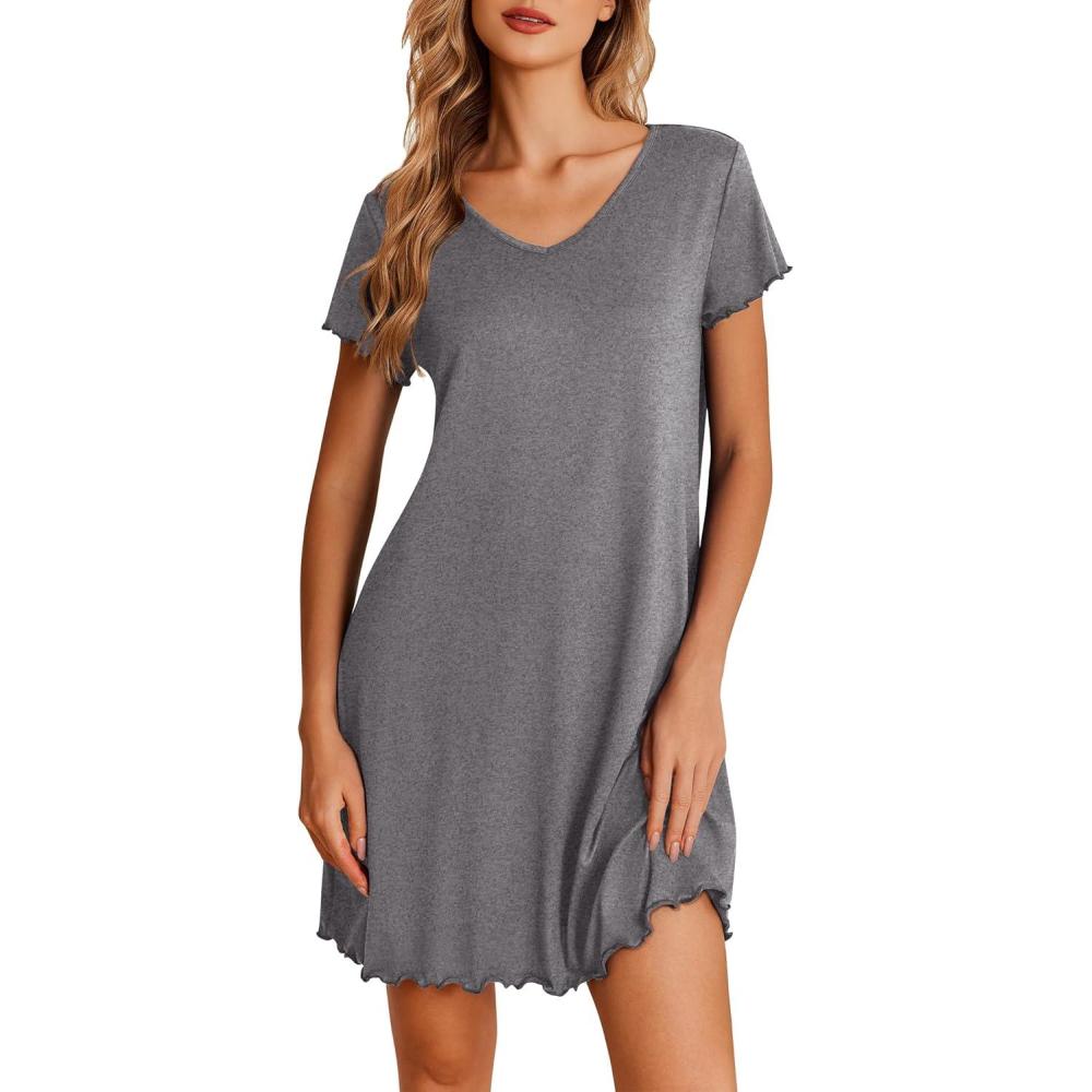 imageEkouaer Nightgowns for Women Short Sleeve Sleepshirt V Neck Short Nightshirt Pullover Soft Ruffled Sleepwear SXXXLDark Grey
