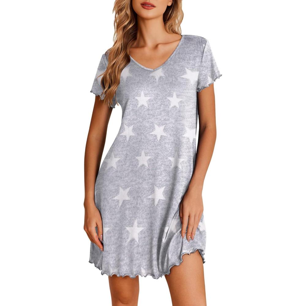 imageEkouaer Nightgowns for Women Short Sleeve Sleepshirt V Neck Short Nightshirt Pullover Soft Ruffled Sleepwear SXXXLGrey Star