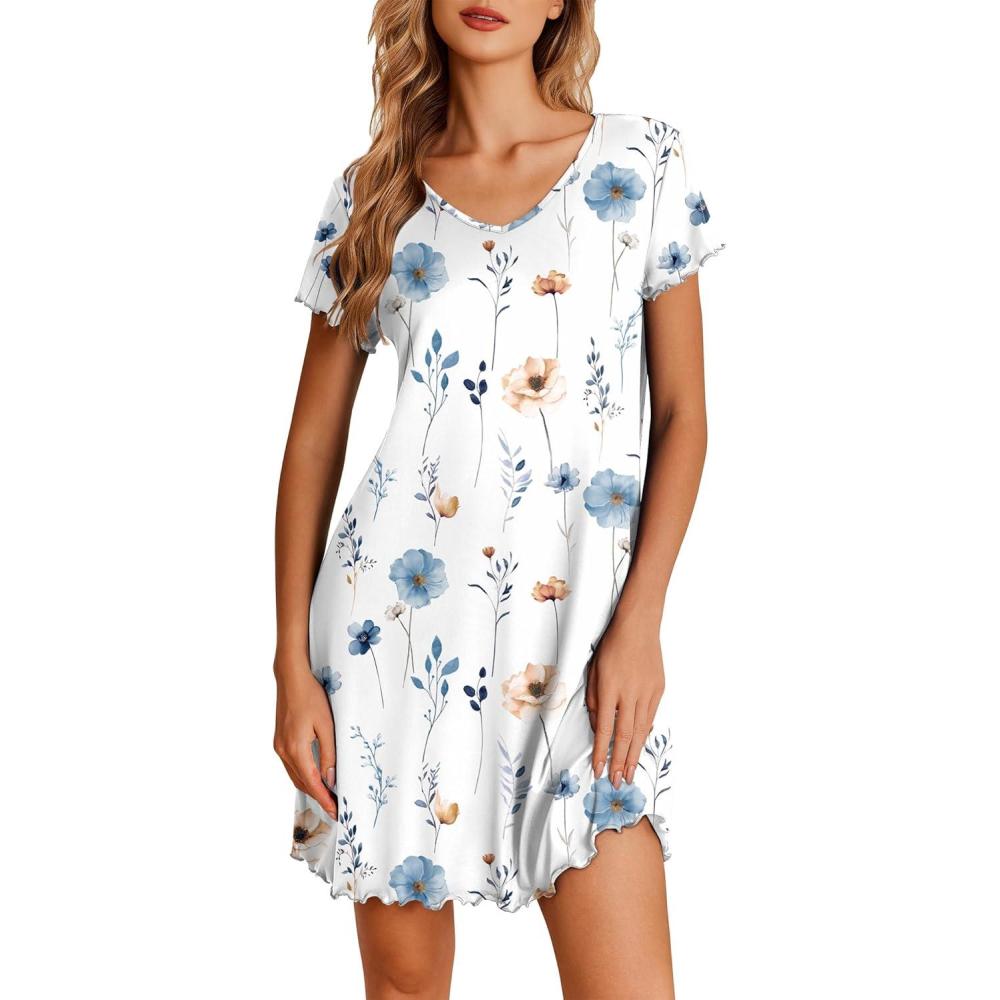 imageEkouaer Nightgowns for Women Short Sleeve Sleepshirt V Neck Short Nightshirt Pullover Soft Ruffled Sleepwear SXXXLLine Florals