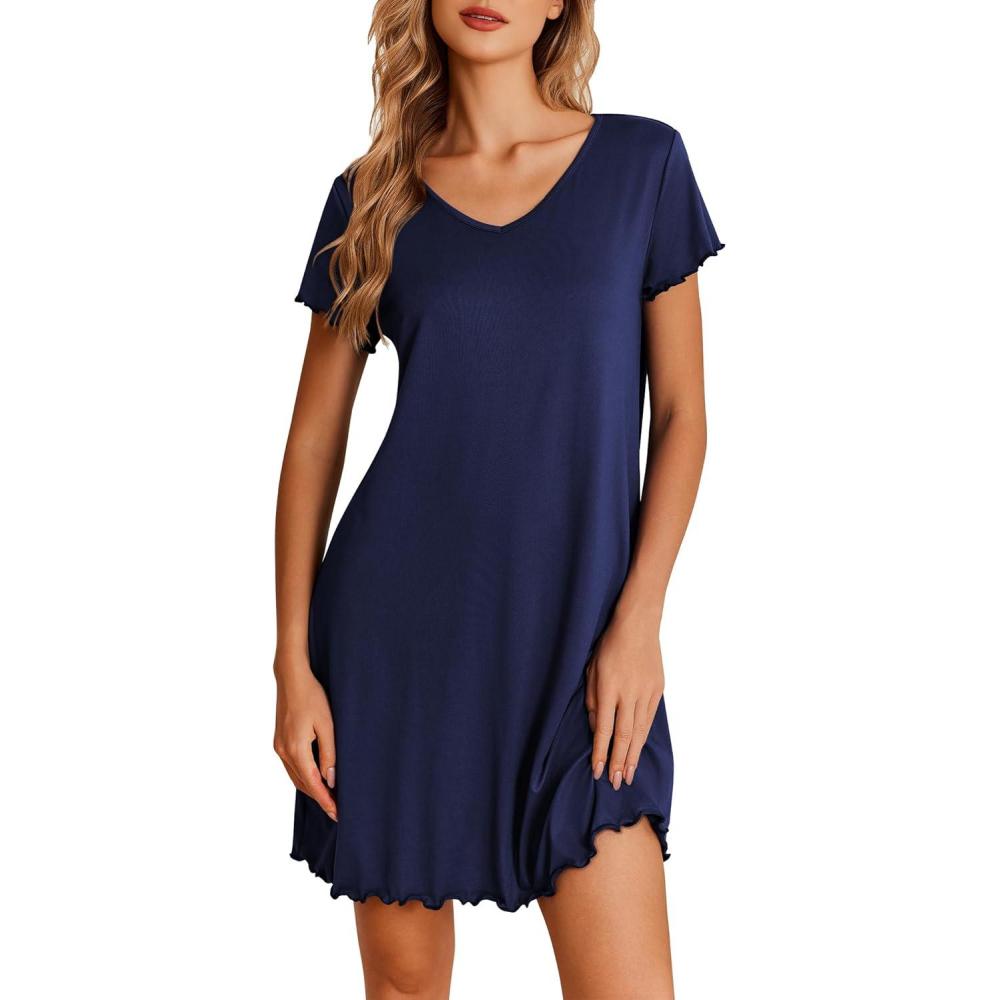 imageEkouaer Nightgowns for Women Short Sleeve Sleepshirt V Neck Short Nightshirt Pullover Soft Ruffled Sleepwear SXXXLNavy Blue