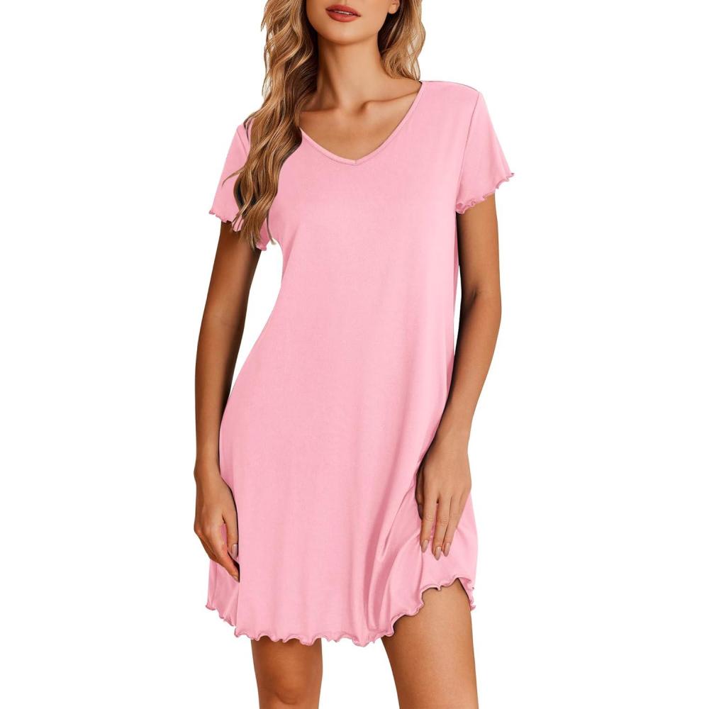 imageEkouaer Nightgowns for Women Short Sleeve Sleepshirt V Neck Short Nightshirt Pullover Soft Ruffled Sleepwear SXXXLPink