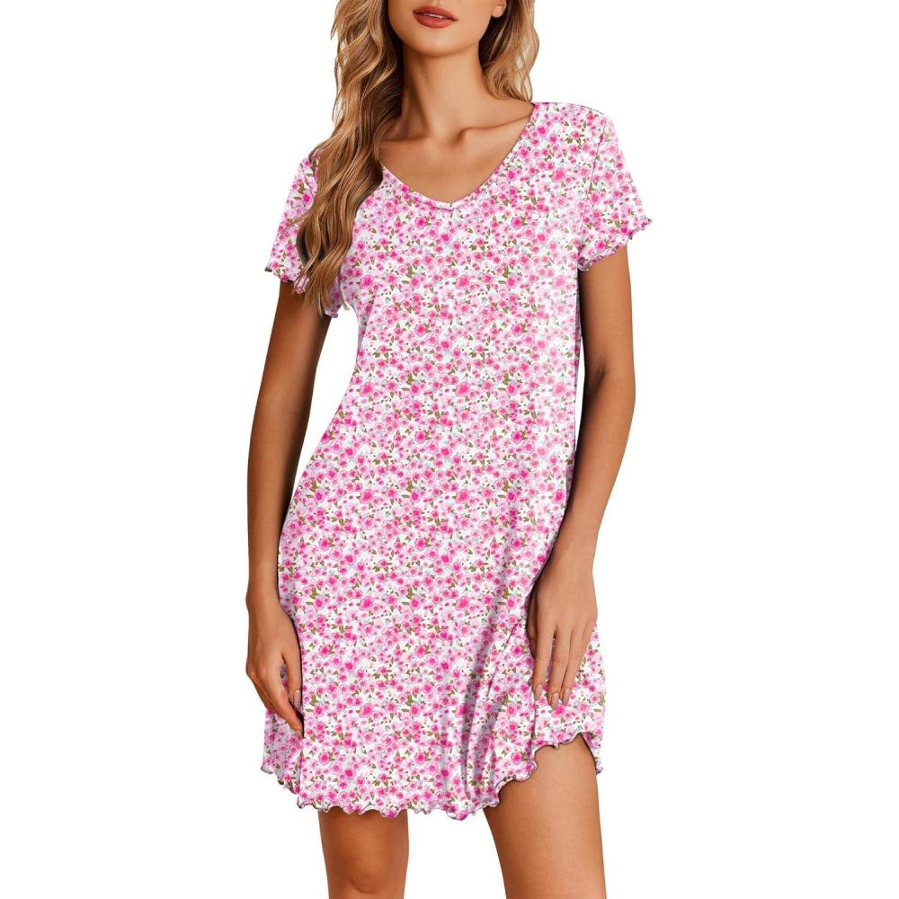 imageEkouaer Nightgowns for Women Short Sleeve Sleepshirt V Neck Short Nightshirt Pullover Soft Ruffled Sleepwear SXXXLPink Florals