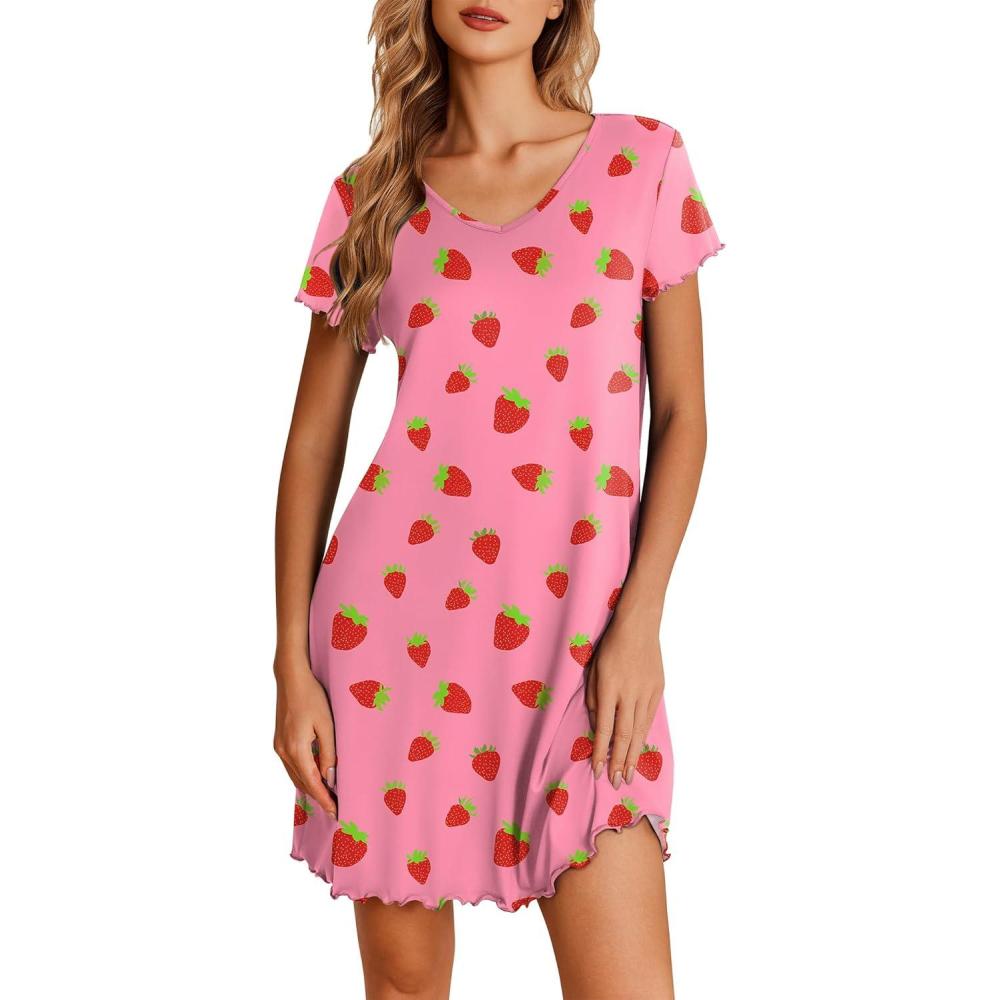 imageEkouaer Nightgowns for Women Short Sleeve Sleepshirt V Neck Short Nightshirt Pullover Soft Ruffled Sleepwear SXXXLPink Strawberry