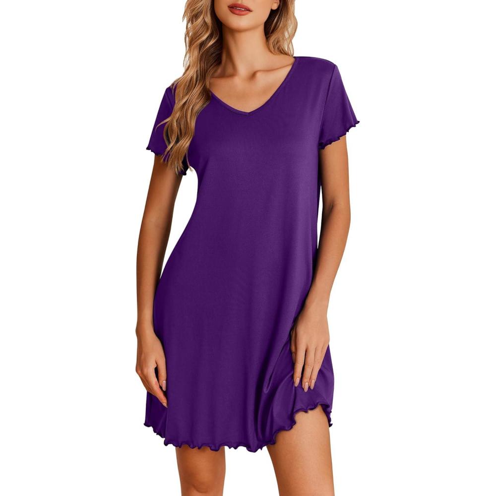 imageEkouaer Nightgowns for Women Short Sleeve Sleepshirt V Neck Short Nightshirt Pullover Soft Ruffled Sleepwear SXXXLPurple