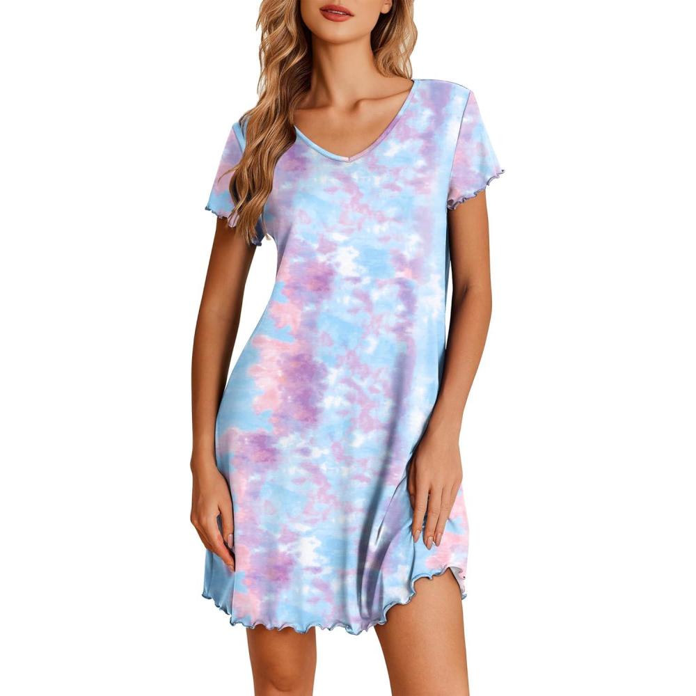 imageEkouaer Nightgowns for Women Short Sleeve Sleepshirt V Neck Short Nightshirt Pullover Soft Ruffled Sleepwear SXXXLPurple Tie Dye