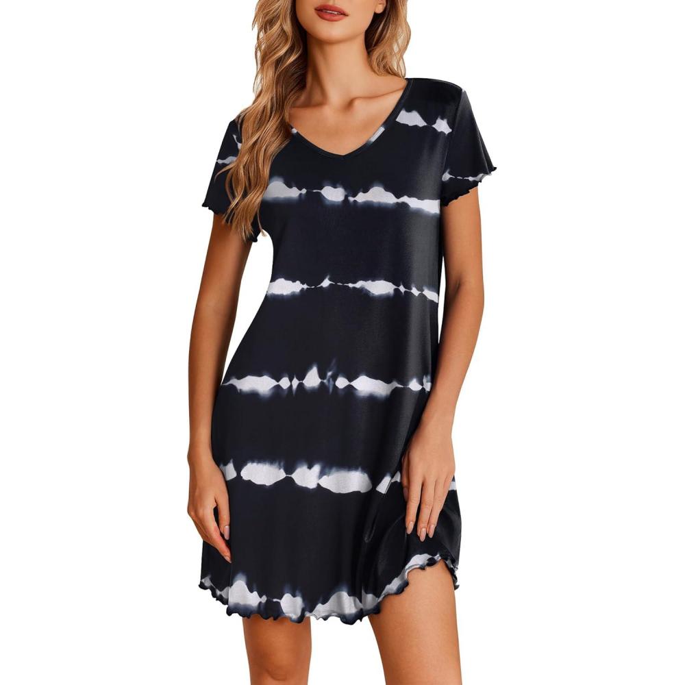imageEkouaer Nightgowns for Women Short Sleeve Sleepshirt V Neck Short Nightshirt Pullover Soft Ruffled Sleepwear SXXXLStripe