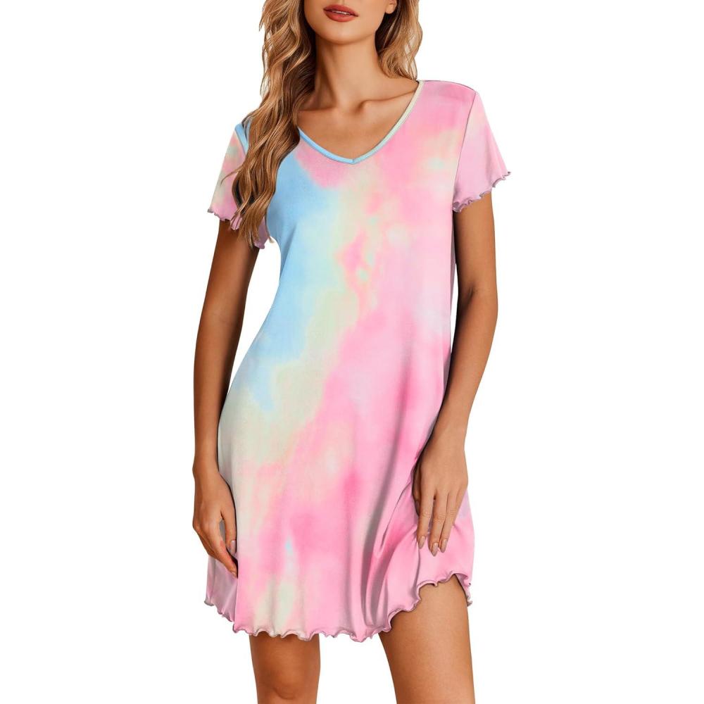 imageEkouaer Nightgowns for Women Short Sleeve Sleepshirt V Neck Short Nightshirt Pullover Soft Ruffled Sleepwear SXXXLTie Dye