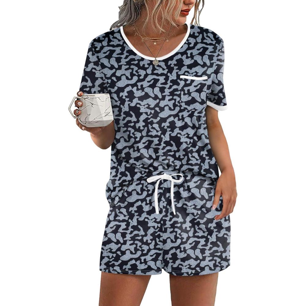 imageEkouaer Pajama Set for Women 2 Piece Lounge Set Short Sleeve Tops and Shorts Soft Sleepwear Chest PocketBlack Leopard